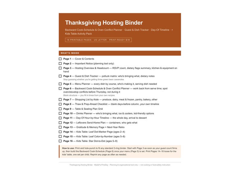 May include: A Thanksgiving Hosting Binder document with a brown header and white text. It lists 16 printable pages including a cover, guest tracker, menu planner, cook schedule, shopping list, seating plan, and kids' table activity pages for US Letter.