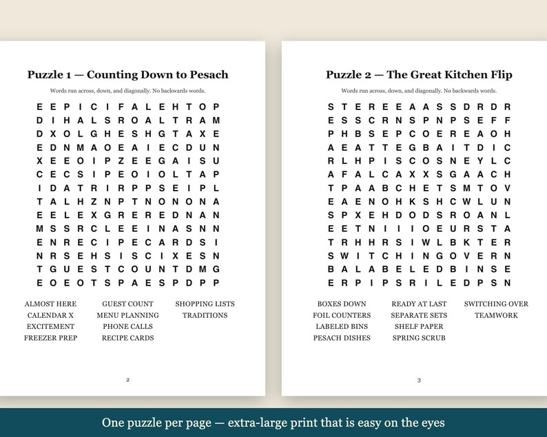 Passover Word Search Large Print + 4 Bonus Jewish Printables | 20 Pesach Puzzles, High Holidays, Sukkot, Shabbat | 5 Files image 2