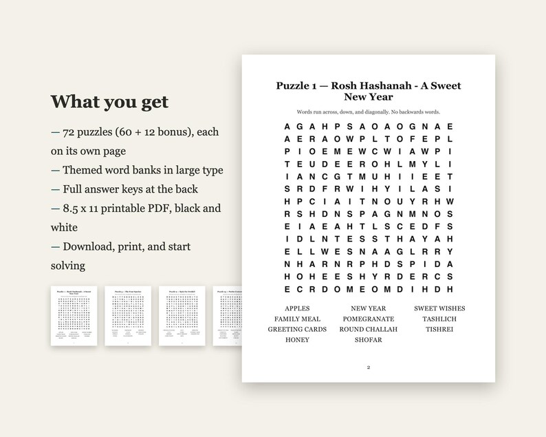 Rosh Hashanah Word Search Large Print | 72 Jewish Puzzles + 3 Bonus Coloring Books | High Holidays, Sukkot, Shabbat | 5 Files image 4