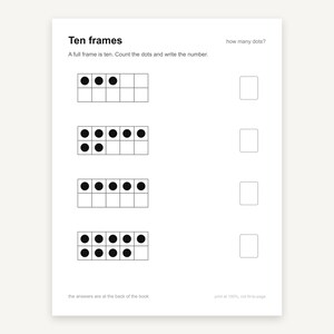Pode incluir: Uma folha de exerc&iacute;cios educativa branca intitulada Ten frames com o texto how many dots? e A full frame is ten. Count the dots and write the number. Apresenta quatro linhas de grelhas de dez quadros com pontos pretos e caixas.