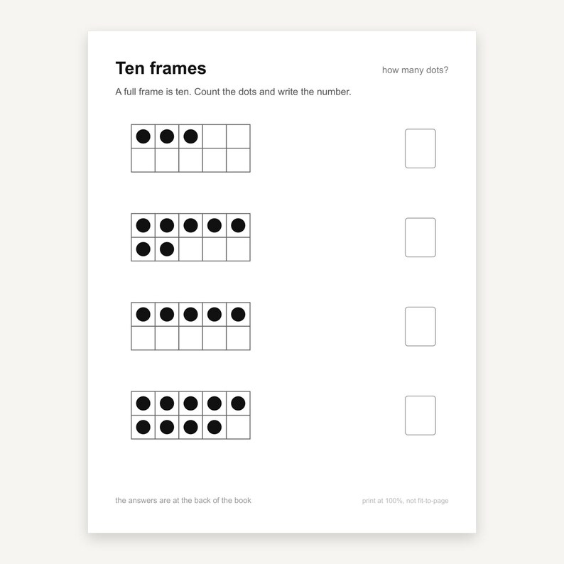 Pode incluir: Uma folha de exerc&iacute;cios educativa branca intitulada Ten frames com o texto how many dots? e A full frame is ten. Count the dots and write the number. Apresenta quatro linhas de grelhas de dez quadros com pontos pretos e caixas.