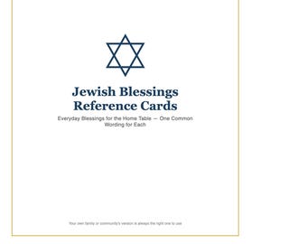 May include: A white rectangular card with a thin gold border featuring a dark blue Star of David icon. The text reads: Jewish Blessings Reference Cards, Everyday Blessings for the Home Table - One Common Wording for Each, Your own family or community's version is always the right one to use.