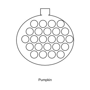 May include: A black and white line drawing of a circular pumpkin shape featuring a small rectangular stem at the top and a grid of twenty-one evenly spaced circles arranged in the center. The word Pumpkin is printed in black text below the shape.