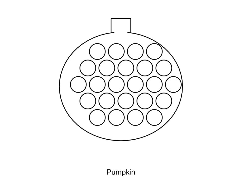 May include: A black and white line drawing of a circular pumpkin shape featuring a small rectangular stem at the top and a grid of twenty-one evenly spaced circles arranged in the center. The word Pumpkin is printed in black text below the shape.