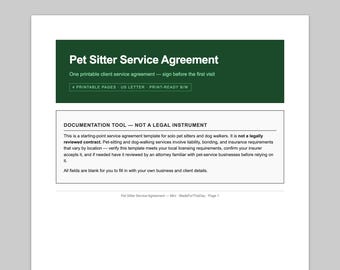 Pet Sitter Service Agreement — Printable PDF | Single Client Form