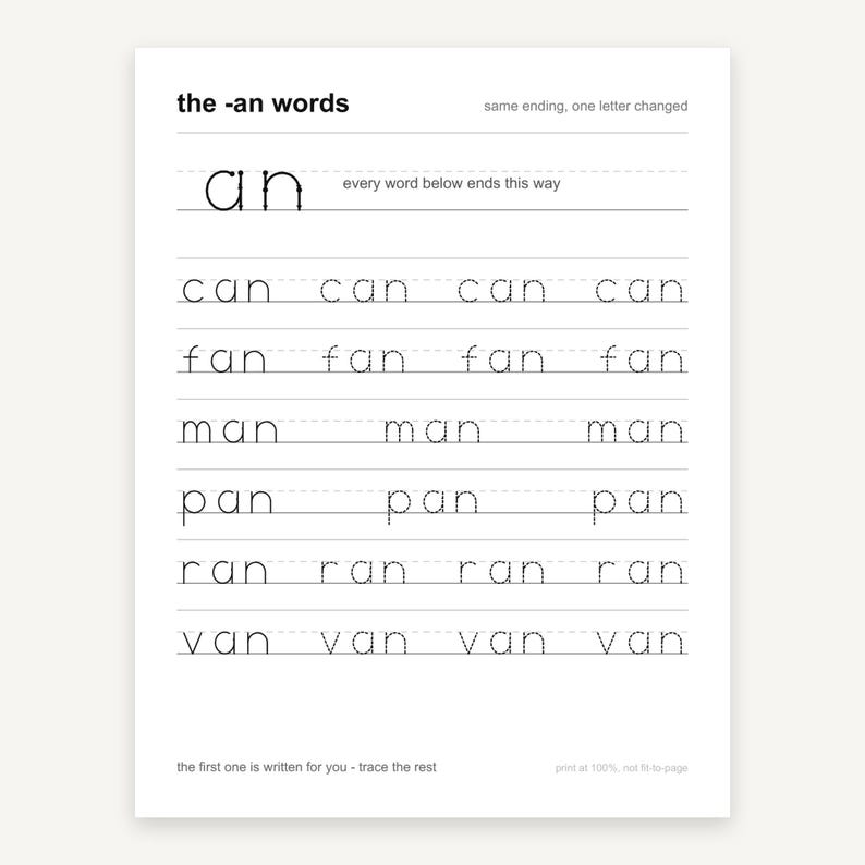 May include: A white educational worksheet titled the -an words with the subtitle same ending, one letter changed. It features rows of dotted letters for tracing, including the words can, fan, man, pan, ran, and van, with instructions to trace the rest.