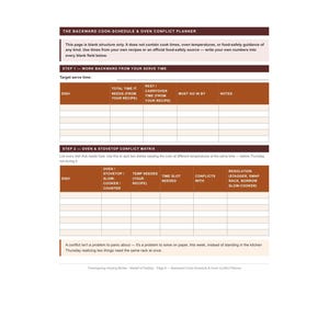 May include: A printed planner page titled The Backward Cook-Schedule & Oven Conflict Planner. It features two tables for organizing cooking times and oven usage, with sections for dish names, total time, rest time, and conflict resolution strategies.