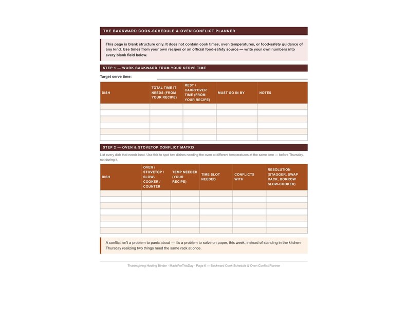 May include: A printed planner page titled The Backward Cook-Schedule & Oven Conflict Planner. It features two tables for organizing cooking times and oven usage, with sections for dish names, total time, rest time, and conflict resolution strategies.