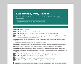 Kids Birthday Party Planner Printable | Guest List & Thank You Tracker, Venue Comparison, Menu, Cake Plan, Budget | 13-Page PDF