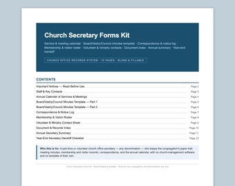 May include: A Church Secretary Forms Kit document featuring a dark blue header with white text. The page lists a table of contents for 12 pages of blank and fillable record-keeping templates, including meeting minutes, rosters, and logs.