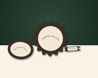 May include: A set of three dark brown and cream paper labels. One oval label reads Thank you for teaching me, a circular scalloped label reads Grateful for this teacher, and a small rectangular banner label reads Best teacher ever.