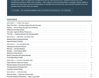 Classeur pour secrétaire de l'association des parents d'élèves, modèle de procès-verbal de réunion, registre des motions et des votes, feuille de quorum, passation de pouvoir, document imprimable de 24 pages