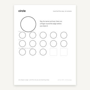Puede incluir: Una hoja de trabajo educativa blanca titulada circle con el texto round all the way, no corners. Incluye un c&iacute;rculo grande s&oacute;lido, instrucciones para trazar y filas de c&iacute;rculos punteados para practicar, terminando con dos cuadrados vac&iacute;os.