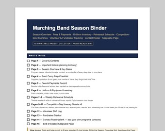 Marching Band Season Binder | Parent Planner for Fees, Uniform Inventory, Rehearsal Schedule & Competition-Day Itineraries | Printable PDF