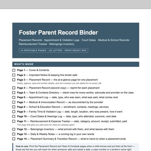 May include: A Foster Parent Record Binder document featuring a dark blue header with white text listing 14 printable pages in US Letter size. The content includes a checklist of pages for placement records, appointment logs, and medical records.