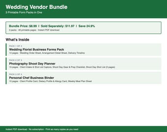 Wedding Vendor Bundle | 3 Printable Form Packs — Florist, Photographer, Personal Chef | PDF Value Pack
