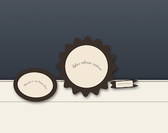 May include: A set of three dark brown and cream labels. One oval label reads "Massage is my happy place," a circular scalloped label reads "Relax release restore," and a small rectangular banner label reads "Good vibes good pressure."