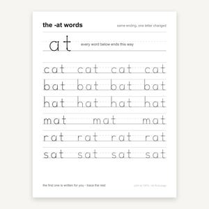 May include: A white educational worksheet titled the -at words with black text. It features the word at and rows of dotted-line words including cat, bat, hat, mat, rat, and sat for tracing practice, with instructions to print at 100 percent.