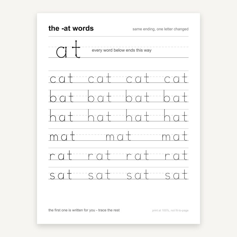 May include: A white educational worksheet titled the -at words with black text. It features the word at and rows of dotted-line words including cat, bat, hat, mat, rat, and sat for tracing practice, with instructions to print at 100 percent.