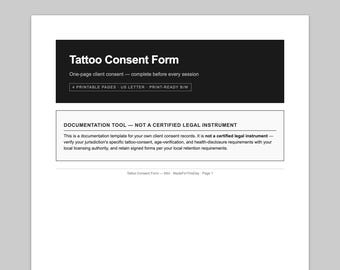 Tattoo Consent Form — Printable PDF | Single Client Form