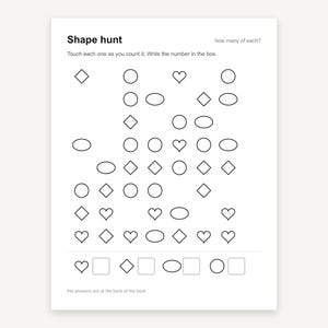 Puede incluir: Una hoja de trabajo educativa blanca titulada Shape hunt con instrucciones para contar formas. Presenta filas de c&iacute;rculos, diamantes, corazones y &oacute;valos con contorno negro. Abajo, hay cuatro casillas vac&iacute;as junto a cada forma para anotar.