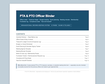 PTA PTO Officer Binder: Treasurer Ledger, Budget, Meeting Minutes, Handoff Checklist