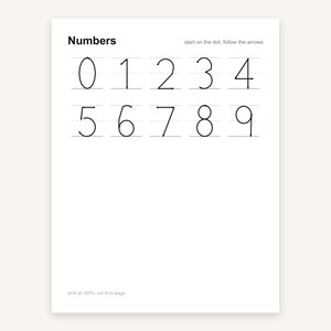 May include: A white educational worksheet titled Numbers with the instruction start on the dot, follow the arrows. It features black outlines of digits 0 through 9, each positioned on a set of three horizontal lines with directional arrows.