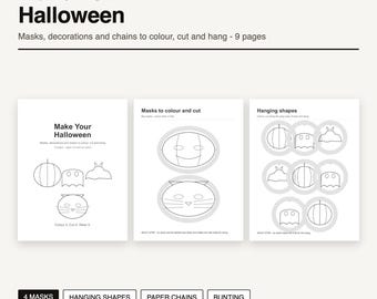 Masques et décorations d'Halloween à imprimer + 4 kits bonus | Masques en papier pour enfants, guirlandes, fanions, organisateur de fête | 67 pages