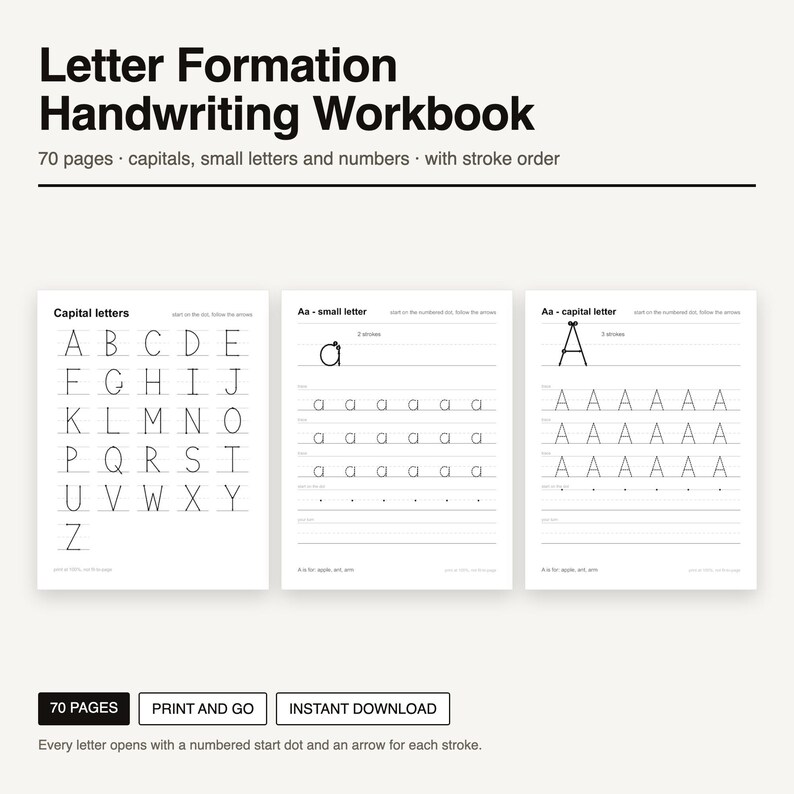 May include: A 70-page letter formation handwriting workbook featuring black text on white pages. The workbook includes capital letters, small letters, and numbers with stroke order instructions, numbered start dots, and directional arrows.