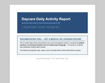 Daycare Daily Activity Report — Printable PDF | Single Day Form