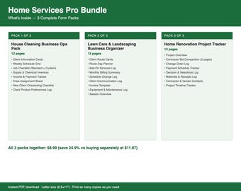 Home Services Pro Bundle | 3 Printable Form Packs — House Cleaning, Landscaping, Home Renovation | PDF Value Pack