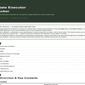 Estate Executor Checklist | Printable Organizer | Track Agency Notifications and Assets After Loss