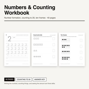 Pode incluir: Um caderno de exerc&iacute;cios Numbers & Counting de 40 p&aacute;ginas sobre forma&ccedil;&atilde;o de n&uacute;meros, contagem at&eacute; 20 e quadros de dez. Inclui tr&ecirc;s p&aacute;ginas de exemplo com exerc&iacute;cios de tra&ccedil;ado do n&uacute;mero 2, tarefas de contagem de formas e grelhas.