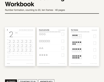 Cahier d'exercices de numération et de comptage à imprimer | 40 pages | Formation des chiffres, comptage jusqu'à 20, cadres à dix cases | Mathématiques pour la maternelle et le CP
