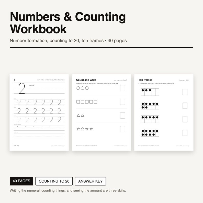 Pode incluir: Um caderno de exerc&iacute;cios Numbers & Counting de 40 p&aacute;ginas sobre forma&ccedil;&atilde;o de n&uacute;meros, contagem at&eacute; 20 e quadros de dez. Inclui tr&ecirc;s p&aacute;ginas de exemplo com exerc&iacute;cios de tra&ccedil;ado do n&uacute;mero 2, tarefas de contagem de formas e grelhas.