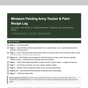 Puede incluir: Un documento imprimible titulado Miniature Painting Army Tracker & Paint Recipe Log. Presenta un encabezado verde oscuro con texto blanco, enumerando 11 páginas que incluyen un registro de ejército, diario de recetas y seguimiento.