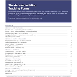 May include: A document titled The Accommodation Tracking Forms with a dark blue header. It lists 22 pages of content organized into five sections: Set It Up Once, What I Actually Did, Evidence, The People, and Continuity, detailing various logs.