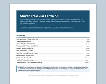 Church Treasurer Forms Kit - Offering Count Sheet, Budget Tracker, Check Log, Fundraiser Tracker, Reimbursement Form Printable Binder