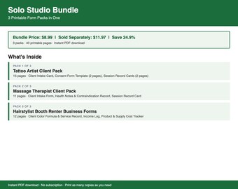 Solo Studio Bundle | 3 Printable Form Packs — Tattoo, Massage Therapist, Hairstylist Booth | PDF Value Pack