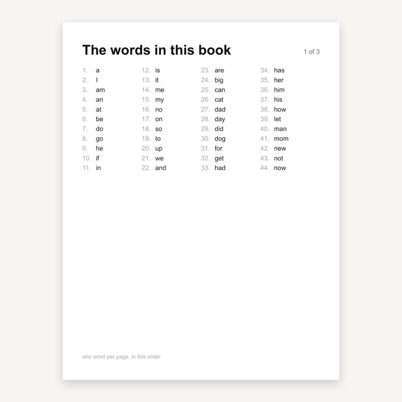May include: A white educational document titled The words in this book, featuring a numbered list of forty-four common English words arranged in four columns. The text is black, and the page includes the page indicator 1 of 3 and a footer note.