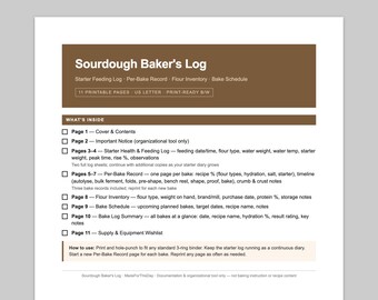 Sourdough Baker's Log | Starter Tracker, Bake Journal & Bread Baking Record Book | Printable PDF