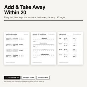 May include: A 45-page educational workbook titled Add & Take Away Within 20, featuring black text and graphics on white paper. The pages include math exercises using ten frames, number lines, and fact families, with 32 adding and take-away facts.
