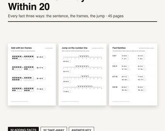 Addition et soustraction jusqu'à 20 | Cahier d'exercices imprimable de 45 pages | Cadres à dix cases, droites numériques, familles de faits | Maternelle, CP