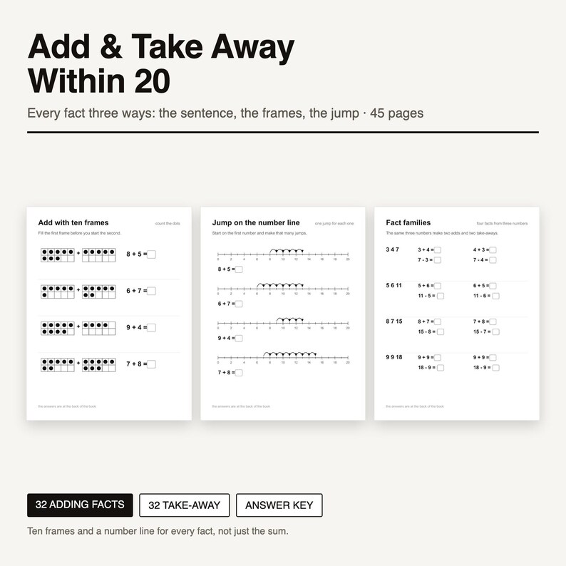 May include: A 45-page educational workbook titled Add & Take Away Within 20, featuring black text and graphics on white paper. The pages include math exercises using ten frames, number lines, and fact families, with 32 adding and take-away facts.