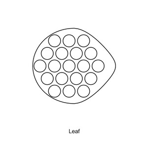 May include: A black and white line drawing of a leaf shape containing a grid of nineteen evenly spaced circles. The word Leaf is printed in black text below the graphic. The design features clean, bold outlines on a plain white background.