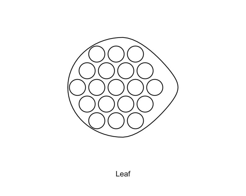 May include: A black and white line drawing of a leaf shape containing a grid of nineteen evenly spaced circles. The word Leaf is printed in black text below the graphic. The design features clean, bold outlines on a plain white background.