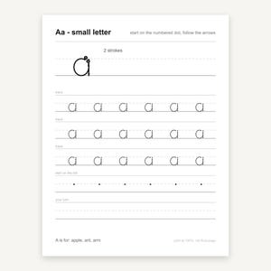 May include: A white educational worksheet for practicing the lowercase letter a. It features a guide with numbered arrows for two strokes, three rows of dotted letters to trace, a row of starting dots, and the text A is for: apple, ant, arm.