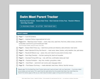 Swim Meet Parent Tracker — Printable PDF | Meet-Day Event Tracker, Season Best Times, Meet Calendar & Entry Fees