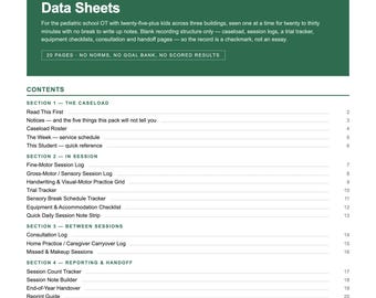 Fiches de données en ergothérapie, journal des séances et liste de cas imprimables, PDF de 20 pages à remplir, formulaires de suivi de la motricité fine et sensorielle
