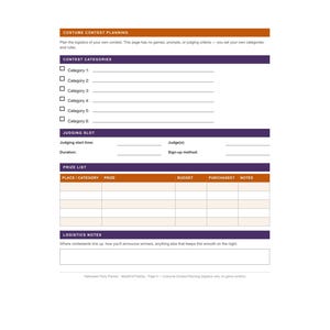 May include: A white printable costume contest planning sheet with orange and purple headers. It includes sections for contest categories, judging slots, a prize list table with columns for budget and notes, and a space for logistics notes.